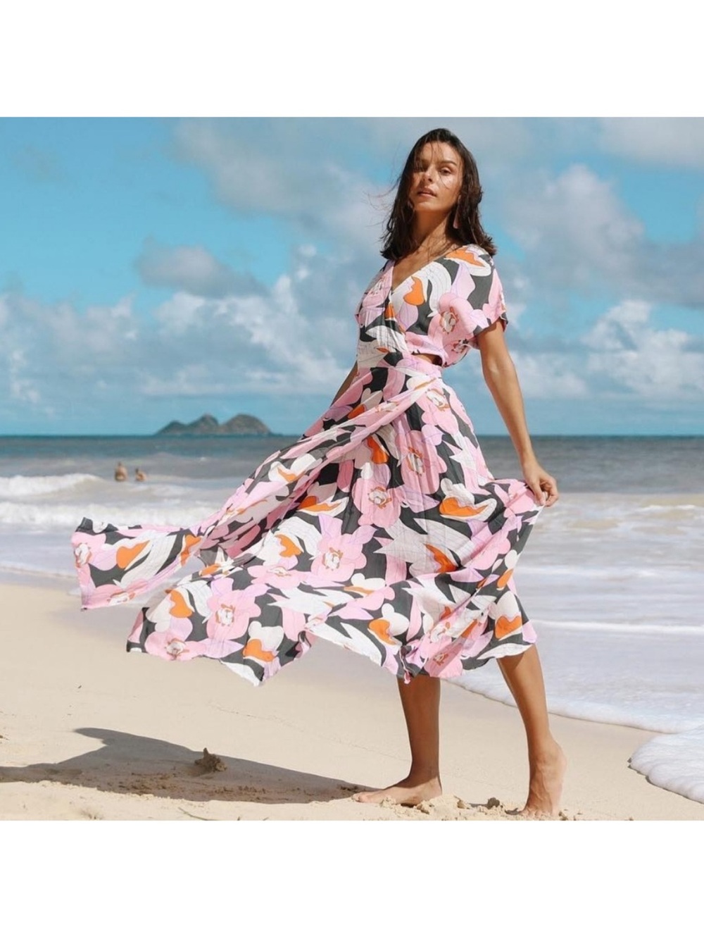 Ava Sky Dress Bardot Misty Retro Orchid Oasis M Maxi gown tropical floral wrap